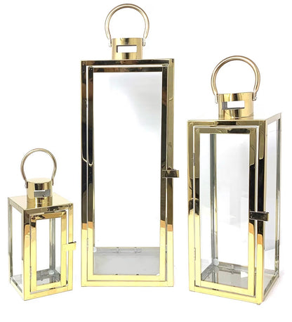 Allgala 3 Piece Lantern Set 23 Inch Jumbo Deluxe Modern Indoor/Outdoor Candle Lantern Set Stainless Steel Frame Tempered Glass Rectangular Gold Color for Garden Poolside, Fireplace, Wedding (New in Box)