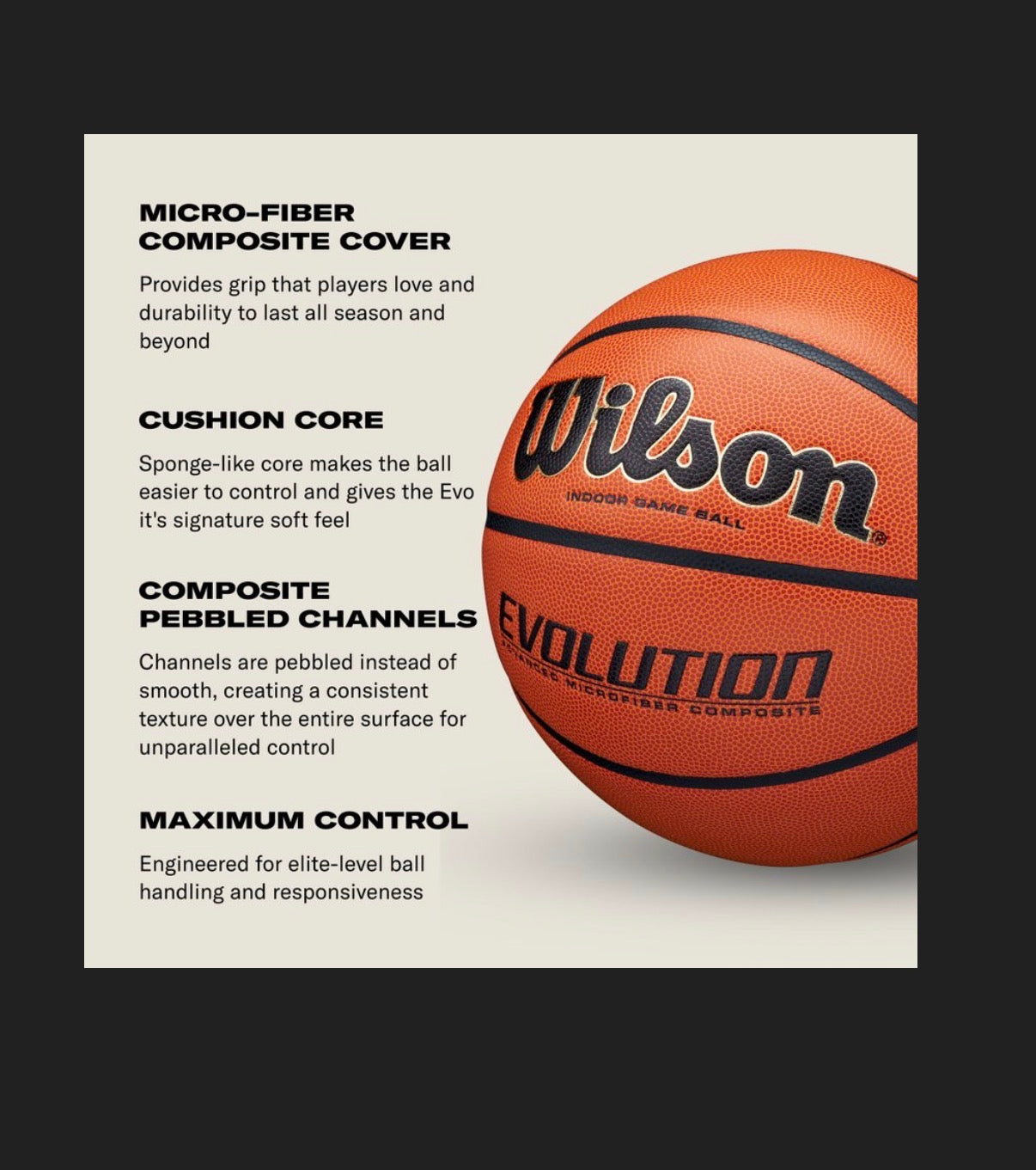 Wilson 29.5 Inch Evolution Basketball: Composite Leather, Indoor/Outdoor Use (New)