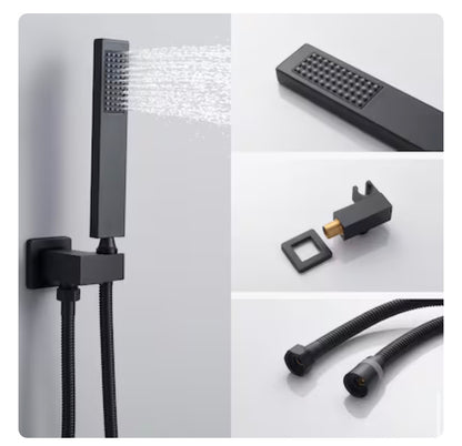 Modern Matte Black 12 Inch Dual Head Built In Shower Faucet System with 2 Way Diverter Pressure Balanced Valve Included