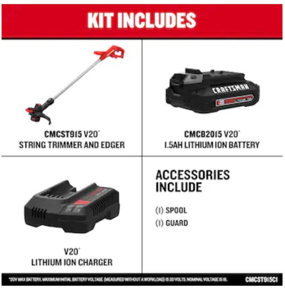 Craftsman 20 Volt Max 10 Inch Straight Shaft Battery String Trimmer Edger Conversion Capable 1.5 Ah (Battery and Charger Included) (New in Box)