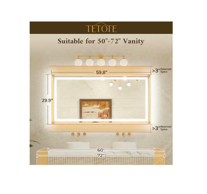TETOTE 60 Inch X 30 Inch Brushed Gold Beveled Framed Rectangle Dimmable LED Lighted Fog Free Bathroom Vanity Mirror (New in Box)