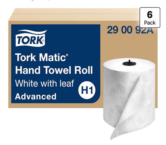 Tork Matic Hand Towel Roll, White With Gray Leaf, Advanced, H1, 100% Recycled Fiber, High Absorbency, Medium Capacity, 2-Ply, 6 Rolls x 525 ft - 290092A