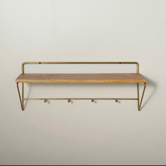 24" Wood & Brass Wall Shelf with Hooks - Hearth & Hand with Magnolia