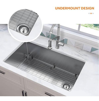 Glacier Bay Tight Radius 36 inch Undermount Single Bowl 18 Gauge Stainless Steel Kitchen Sink with Spring Neck Faucet