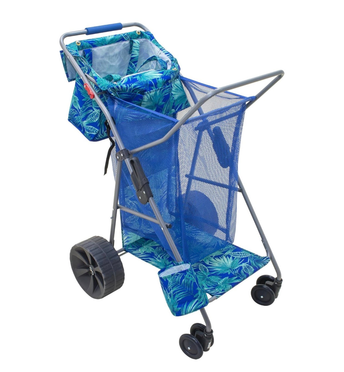 Tommy Bahana Wonder Wheeler Deluxe Folding Beach Cart Holds Up to 48 Qt. Cooler and 4 Chairs, One Handed Setup, 10 in Tread Wheels, Umbrella Holder, Removable Shoulder Tote (Blue) (New in Box)