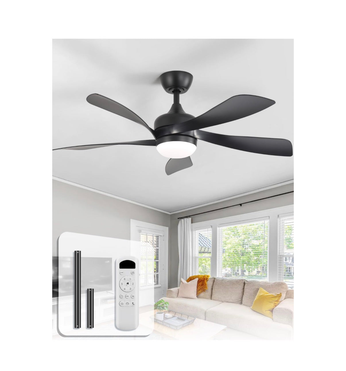 42 Inch Modern Ceiling Fan with Light Indoor/Outdoor Remote Control Compatible, Reversible Quiet DC Motor, Timer, 6 Speeds, 3 CCT Dimmable Light for Living Room Bedroom Patio (Black) (New in Box)