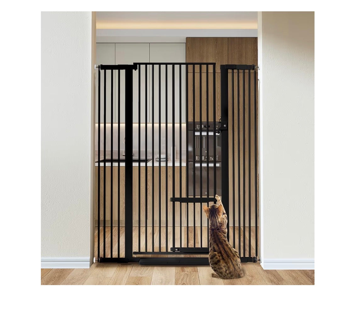 Comomy 55.1 Inch Extra Tall Pet Gate for Cats, 29.5-43 Inches Extra Wide Cate Gate with Adjustable Cat Door, Pressure Mounted Easy Walk Through Pet Gate with Door for Stairs, Doorways, Kitchen (Black) (New in Box)