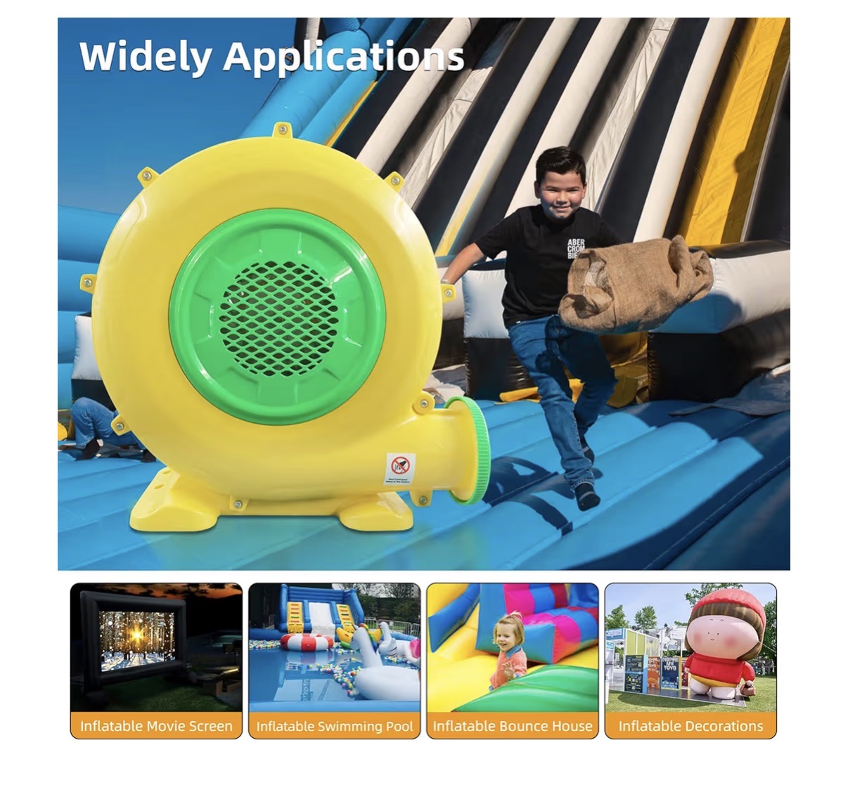 Air Blower for Inflatables, 950 Watt 1.25 HP Bounce House Bubble House Blower Electric Fan Pump, for Outdoor Inflatable Paint Booth Water Slide, Bouncy Castle, Jumper Corded (Yellow) (New in Box)