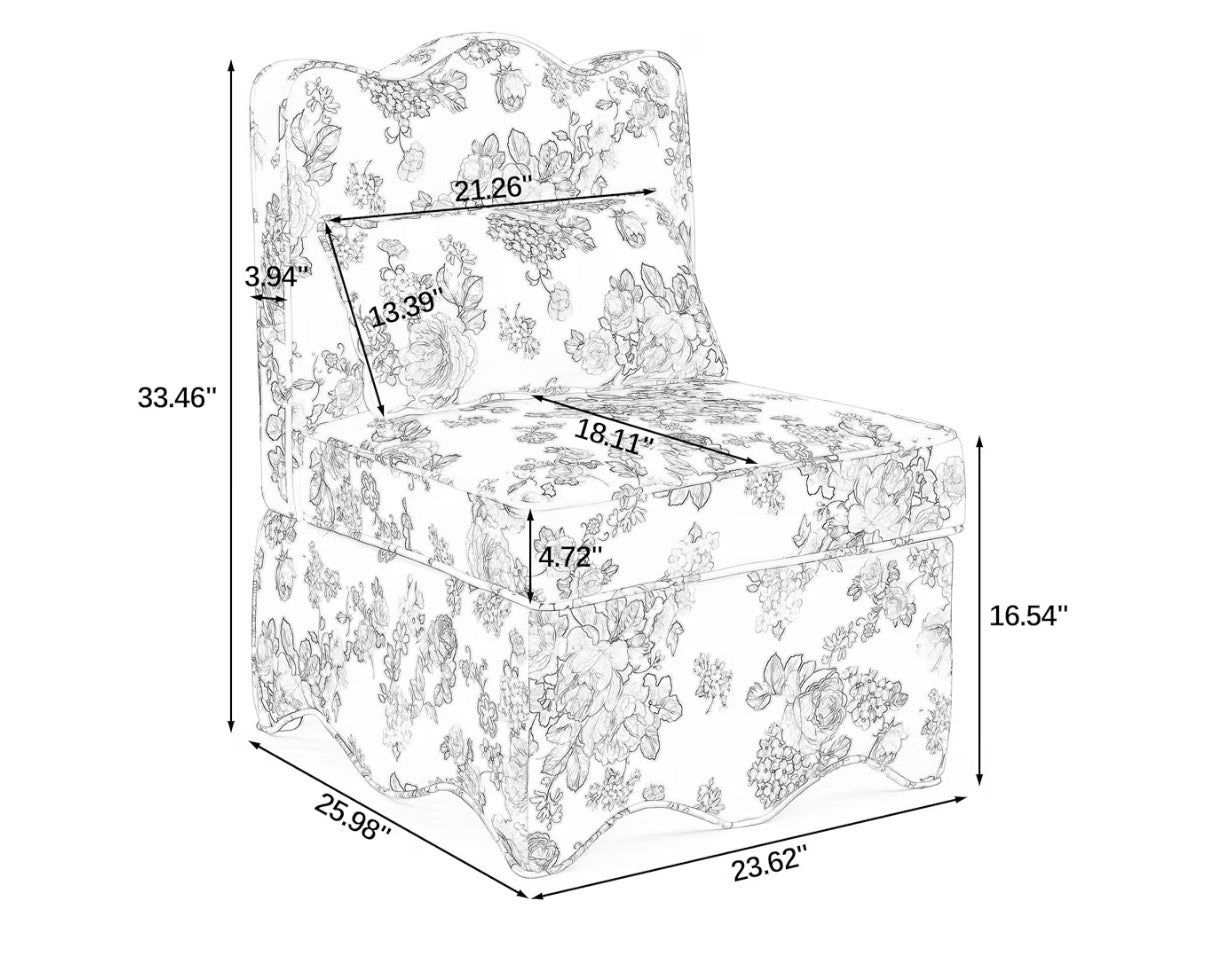 Flannel Upholstered Accent Chair-Retro Single Sofa Chair with Floral Pattern Armless Lounge Chair with Removable Cushion & Pillow (White with Floral Pattern) (New in Box)