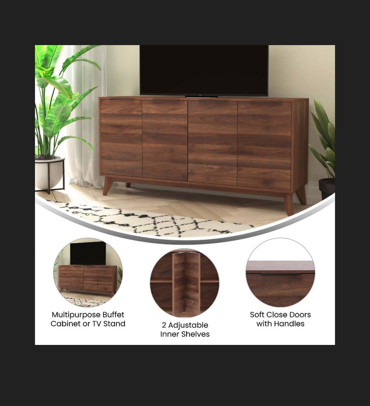 Flash Furniture 60 Inch Buffet Cabinet with 4 Soft Close Doors and Adjustable Shelves (Dark Walnut) (New in Box)