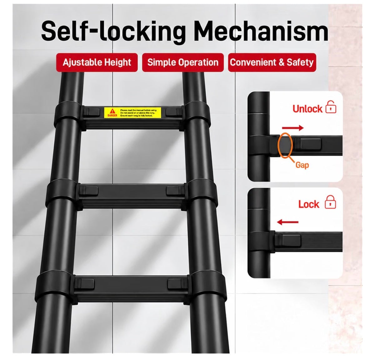 Telescoping Ladder 16.5 Ft. 330lbs Capacity, Black EN131 Certified, Aluminum, Straight Extension Ladder, Multi-purpose Collapsible for RV, Home, Roof (New in Box)
