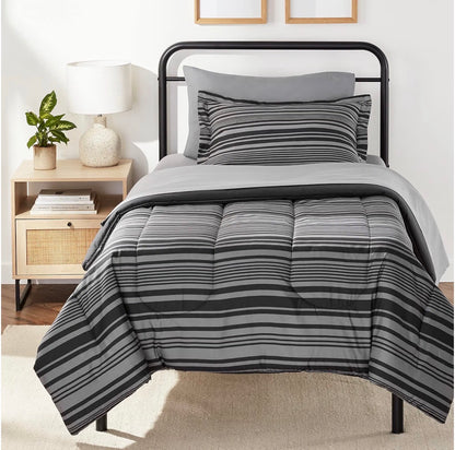 Amazon Basics 5 Piece Lightweight Microfiber Comforter Set with Sheets, Bed in a Bag, Gray Calvin Striped Bedding Twin/Twin XL (New in Box)