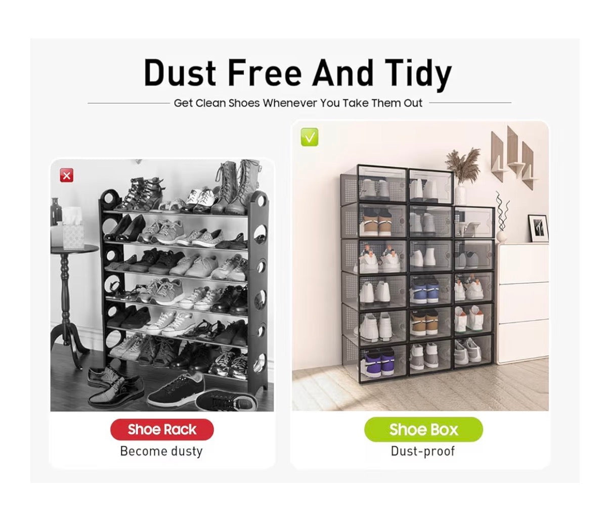 X-Large Shoe Storage Boxes Organizers Clear Plastic Stackable 12 Pack, Shoe Rack & Holder Substitute, Sneaker Containers, Toy Storage Organizer Bins for Entryway, Closet, and Under Bed (Black)