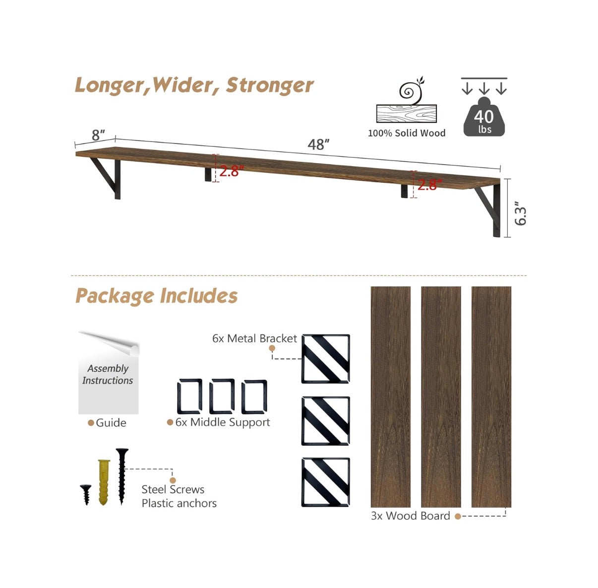 Forbena 48 Inch Floating Shelves for Wall Long Set of 3. Large Wooden Wall Bookshelf for Bedroom Books, Rustic Wood Hanging Bookshelves for Living Room Laundry Closet Kitchen Storage (Dark Brown) (New in Box)