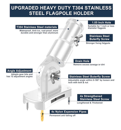 Heavy Duty T304 Stainless Steel Flag Pole Bracket 180 Degrees Adjustable Flag Pole Holder for House with 2 Installation Methods, Flag Mount for 1 Inch Diameter Pole, Wind Resistant & Rust Free (White) (New in Box)