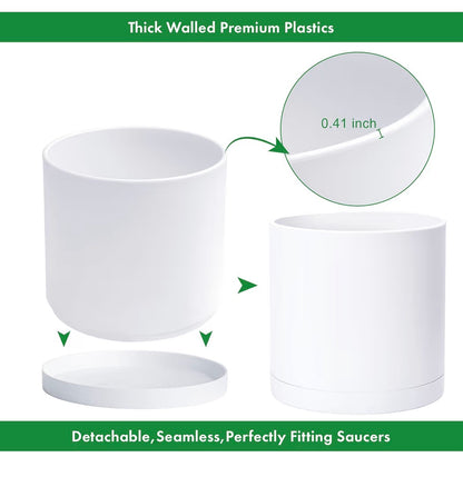 D'Vine Dev 16 Inch White Plastic Planter Pot with Drainage Hole and Seamless Saucers (New In Box)