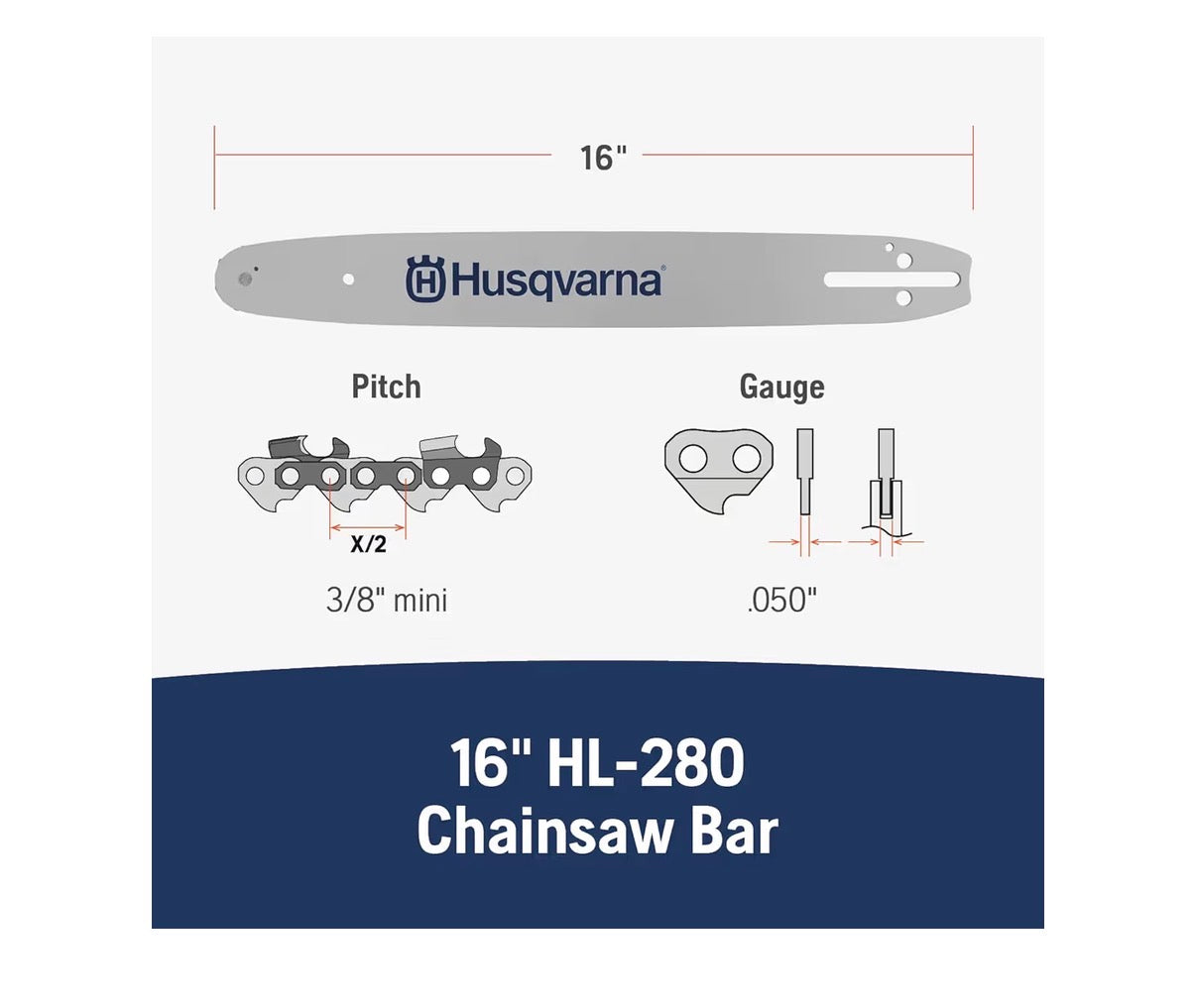 Husqvarna HL280 16 inch Chainsaw Bar with a 3/8 inch Mini Pitch .050 inch Gauge and 56 Drive Links