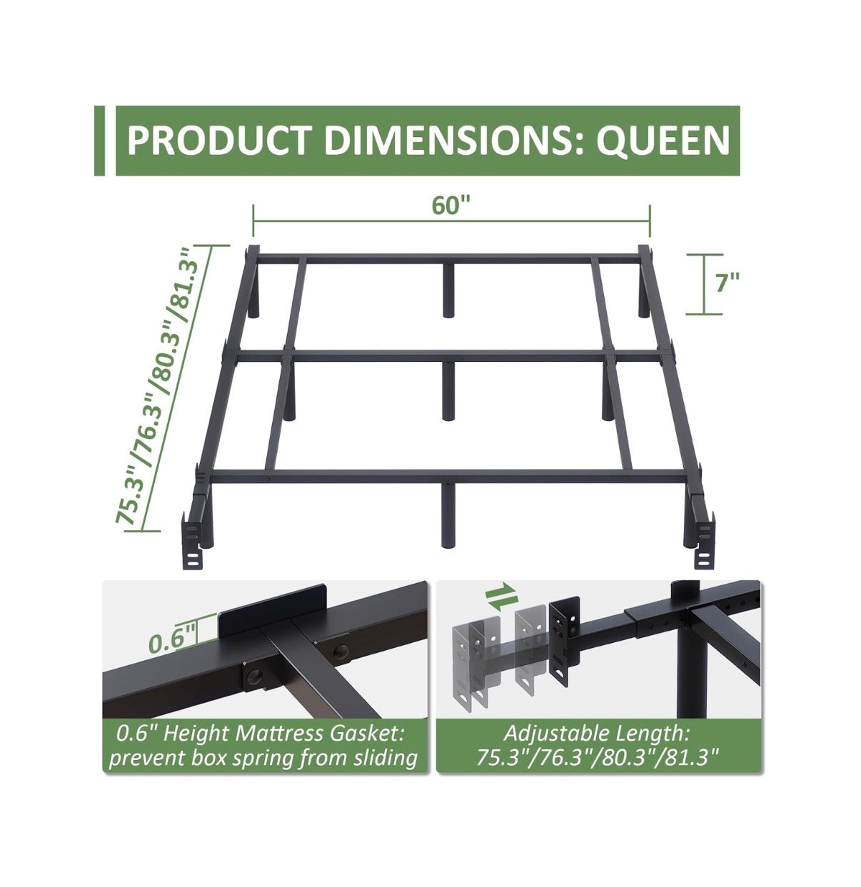 Queen Metal Bed Frame, 7 Inch Low Heavy Duty Platform Bed Frames Queen Size for Box Spring and Mattress, Easy Assembly, Noise Free, Adjustable (Black) (New in Box)
