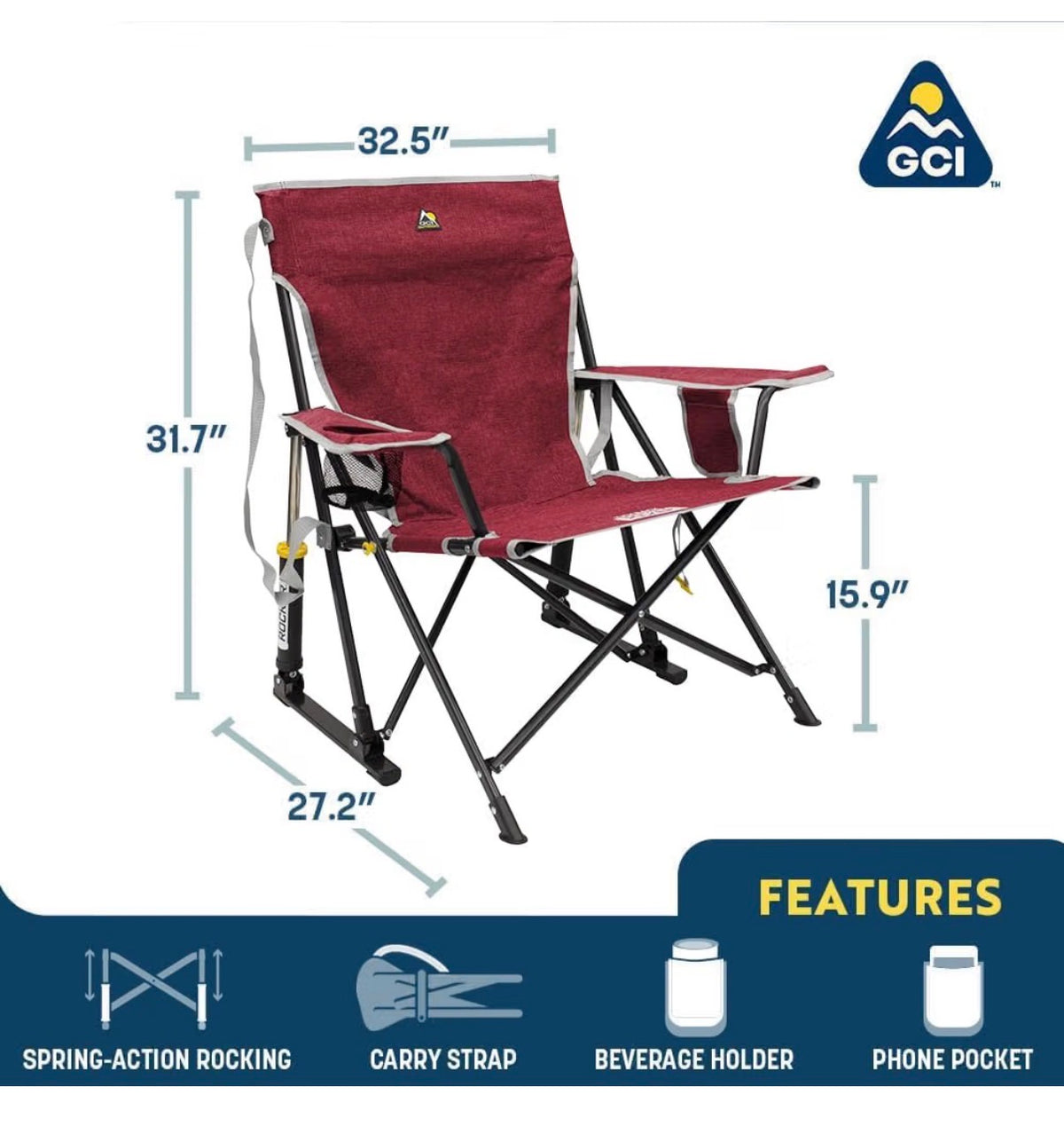 GCI Outdoor Kickback Rocker Camping Chair Portable Folding Rocking Chair with Durable Armrests, Drink Holder & relaxed Lowered Seat for Comfort (Red) (New in Box)