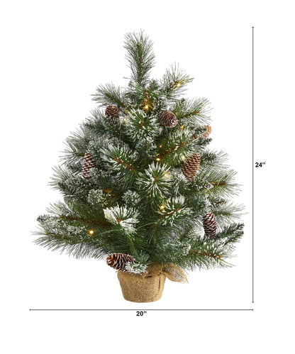 Nearly Natural 2 Ft. Frosted Pine Acritical Christmas Tree with 35 Clear LED Lights, Pinecones and Burlap Base (New in Box)