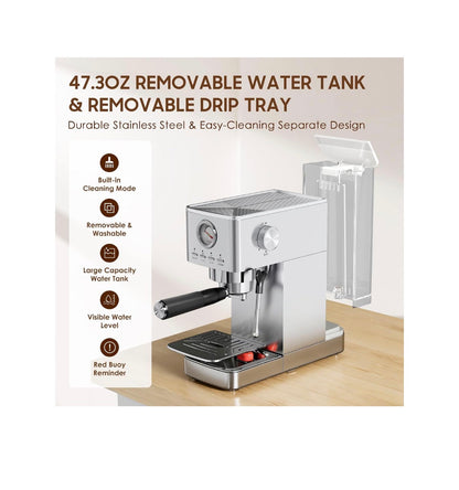 Espresso Machine 20 Bar with Milk Frother, Stainless Steel 47 oz Water Tank, Warm Cup & Auto Shut Off (Silver) (New in Box)
