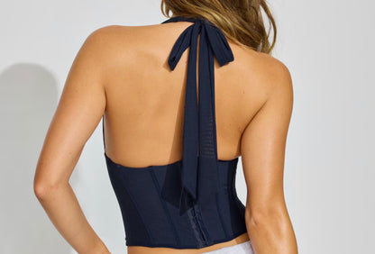 Garage Plunge Halter Mesh Corset Top (Midnight Blue)
