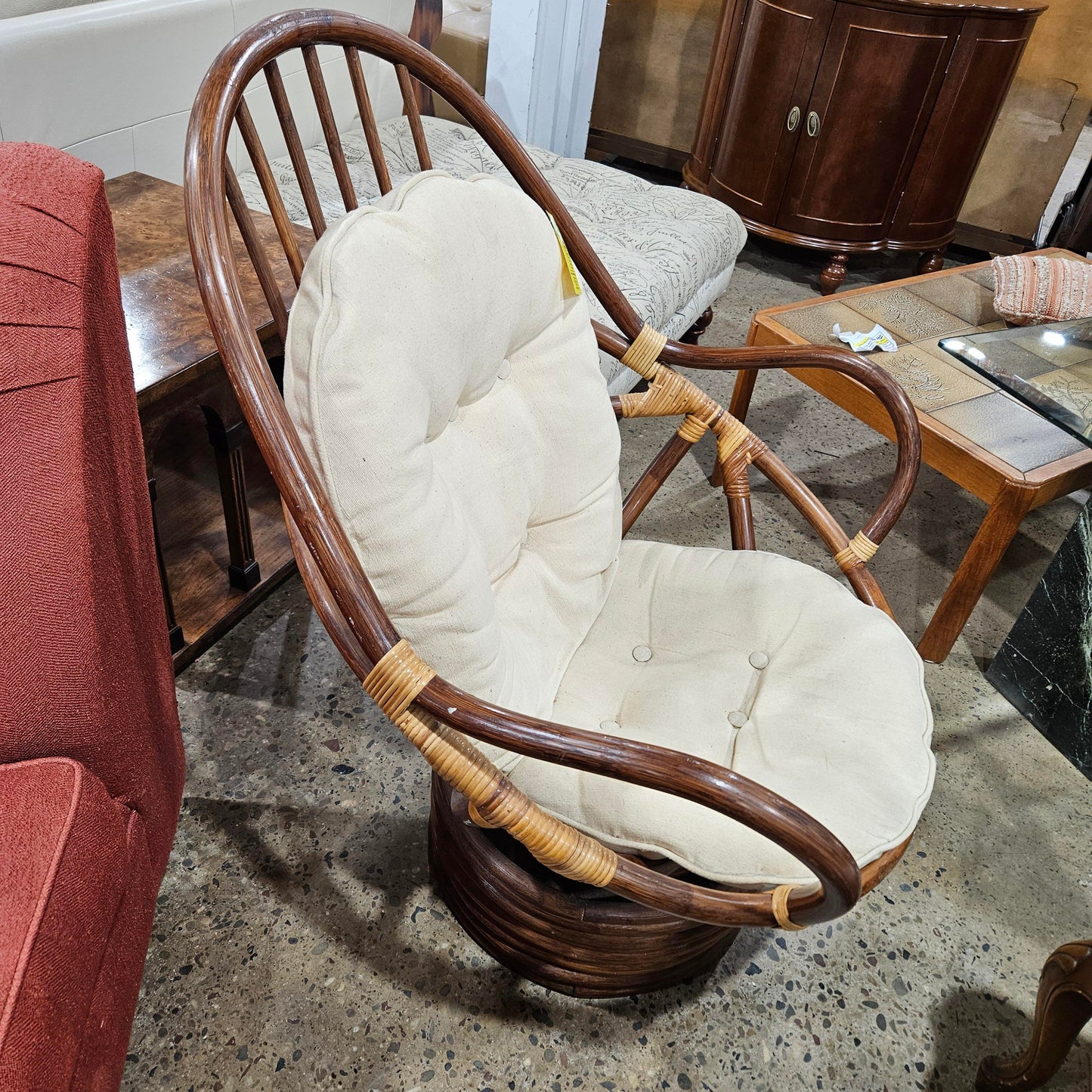 Rattan Swivel Rocker Chair with Tufted Cushion