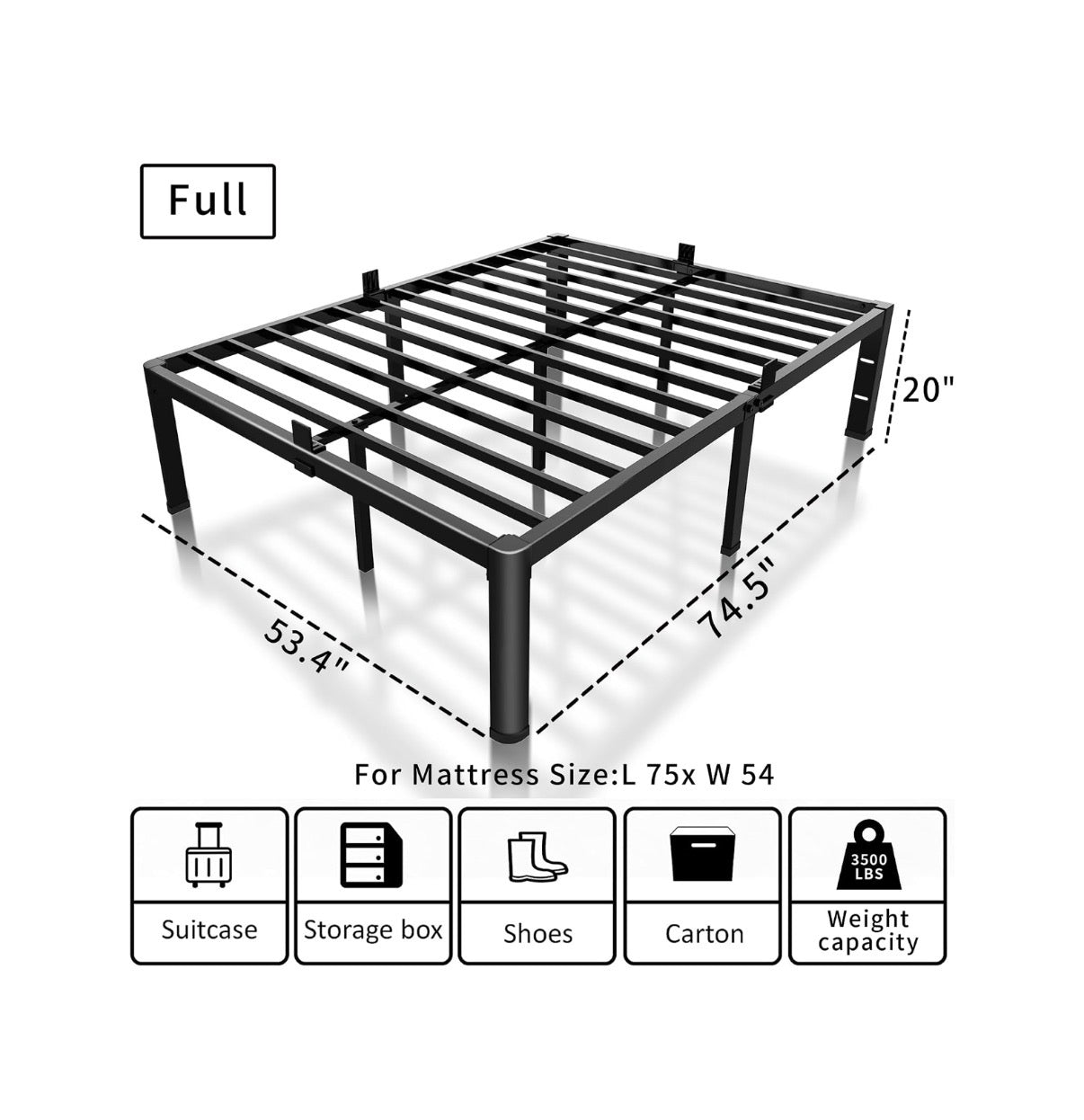 20 Inch Full Bed Frame with Rounded Corner Mattress Baffle Easy Assembly, Noise Free, 3500lbs Load Capacity, No Box Spring Needed, 18.4 Inch Storage Space, Headboard Hole, Heavy duty Steel (New in Box)