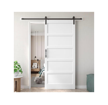 42 Inch X 96 Inch White Barn Door with 7ft Sliding Door Hardware Kit Included & Handle, MDF, Solid PVC Surface, Assembly 5 Panel (New in Box)