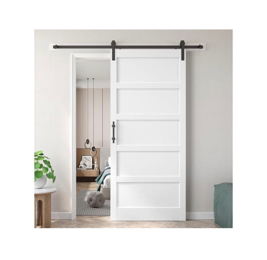 42 Inch X 96 Inch White Barn Door with 7ft Sliding Door Hardware Kit Included & Handle, MDF, Solid PVC Surface, Assembly 5 Panel (New in Box)