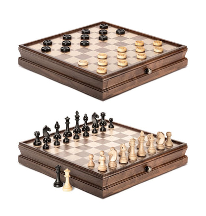 A&A 15 Inch Walnut Wooden Chess Set with Storage Drawer, Triple Weighted Pieces, 3.0 Inch King Height, 2 Etra Queen, Classic 2in 1 Chess and Checkers Board Game (New in Box)