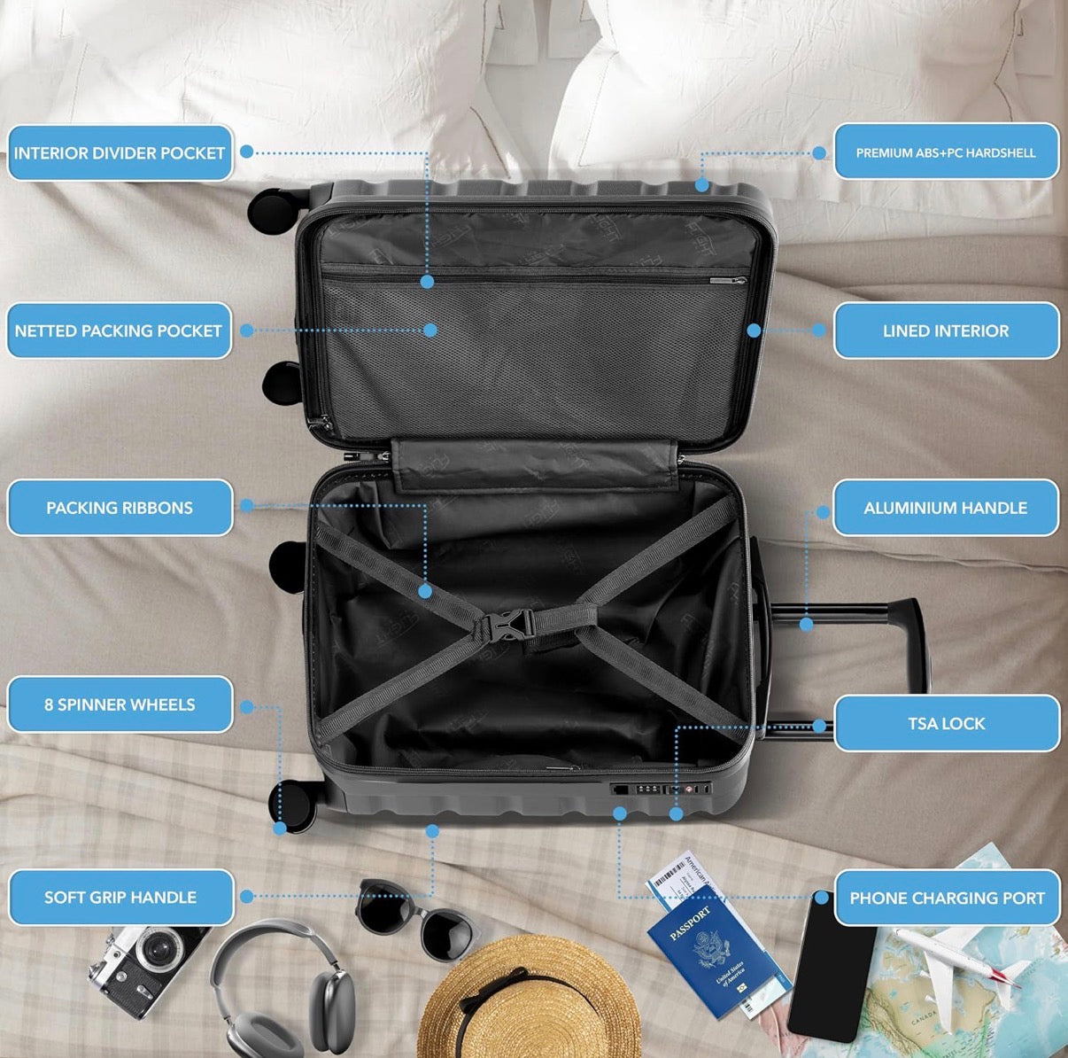 Charcoal- Flight Knight 22x14x9" Expandable Carry On Suitcase Hardside TSA Lock USB C Port Lightweight Luggage