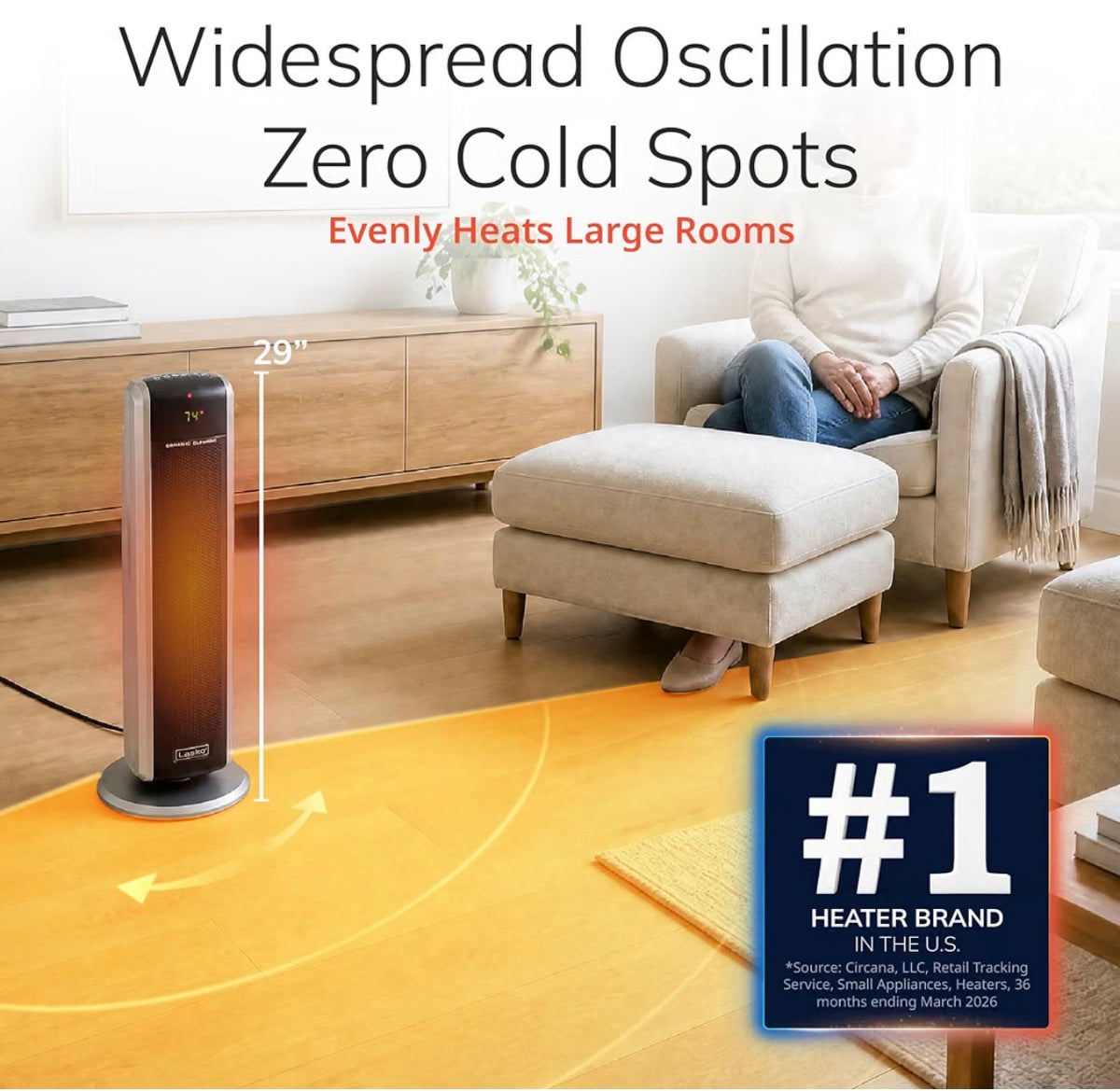 Lasko 29 Inch Ceramic Tower Space Heater with Remote Control 1500W Widespread Oscillation, 2 Heat Settings, Portable Heater for Indoor Use, Bedroom, Office, Timer, Overheat Protection (Black) (New in Box)