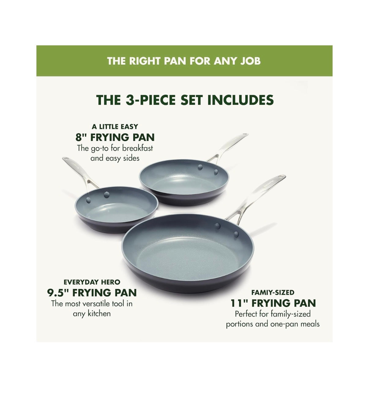 GreenPan Valencia Pro 3 Piece 8 Inch, 9.5 Inch and 11 Inch Ceramic Nonstick Skillet Set Frying Pans, PFAS-Free Nonstick, Induction Ready, All Cooktop Compatible, Hard Anodized, Dishwasher Safe and oven Safe Up to 600 Degrees Fahrenheit Safe (Gray) (New in