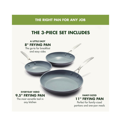 GreenPan Valencia Pro 3 Piece 8 Inch, 9.5 Inch and 11 Inch Ceramic Nonstick Skillet Set Frying Pans, PFAS-Free Nonstick, Induction Ready, All Cooktop Compatible, Hard Anodized, Dishwasher Safe and oven Safe Up to 600 Degrees Fahrenheit Safe (Gray) (New in