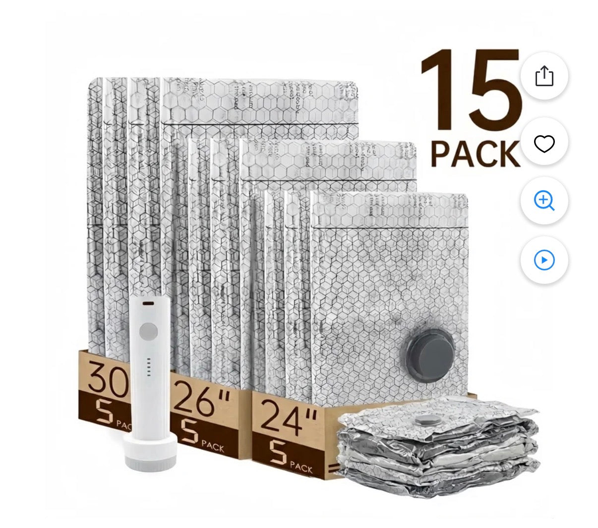 15 Pack Vacuum Storage Bags with Electric Pump, Space Saver Compression Bags for Travel and Moving, Reusable Airtight Sealer