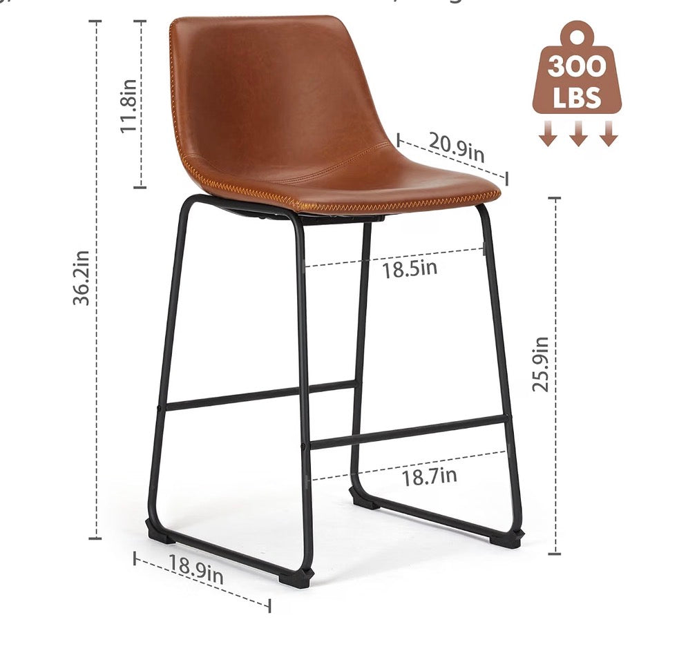 26 Inch Counter Height Bar Stools Set of 2, Modern Faux Leather High Barstools with Back and Metal Leg, Bar Chairs for Kitchen Island (Elegant Brown)