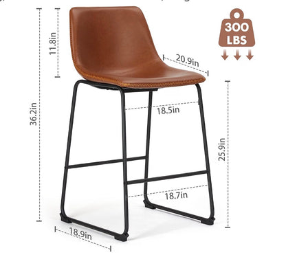 26 Inch Counter Height Bar Stools Set of 2, Modern Faux Leather High Barstools with Back and Metal Leg, Bar Chairs for Kitchen Island (Elegant Brown)