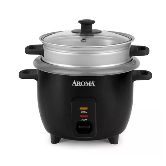 Aroma 6 Cup Rice Cooker with Outer Steam Tray Black