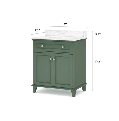 Lambert 30 Inch Basil Green Undermount Single Sink Bathroom Vanity with White Engineered Stone Top (New)