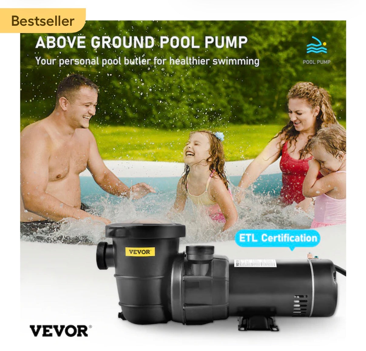 VEVOR Swimming Pool Pump, 1.5 HP 115 V, 1100 W Single Speed Pumps for Above Ground Pool w/Strainer Basket, 5280 GPH Max. Flow, Certification of ETL for Security