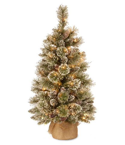 National Tree Company 3 Ft. Pre-Lit Glittery Bristle Mini Christmas Tree 35 Warm LED Light 144 Tips Pinecones Burlap Base Timer Artificial Green (New in Box)