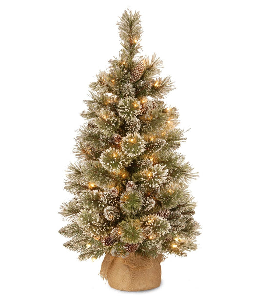 National Tree Company 3 Ft. Pre-Lit Glittery Bristle Mini Christmas Tree 35 Warm LED Light 144 Tips Pinecones Burlap Base Timer Artificial Green (New in Box)
