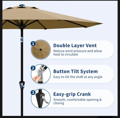 Garvee 10 Ft. Khaki Tan Outdoor Patio Umbrella Waterproof Market Parasol with Smooth Crank Lift, Push Button Tilt, 8 Sturdy Ribs, UV Protection-Ideal for Garden, Pool, Deck, or Yard (New in Box)