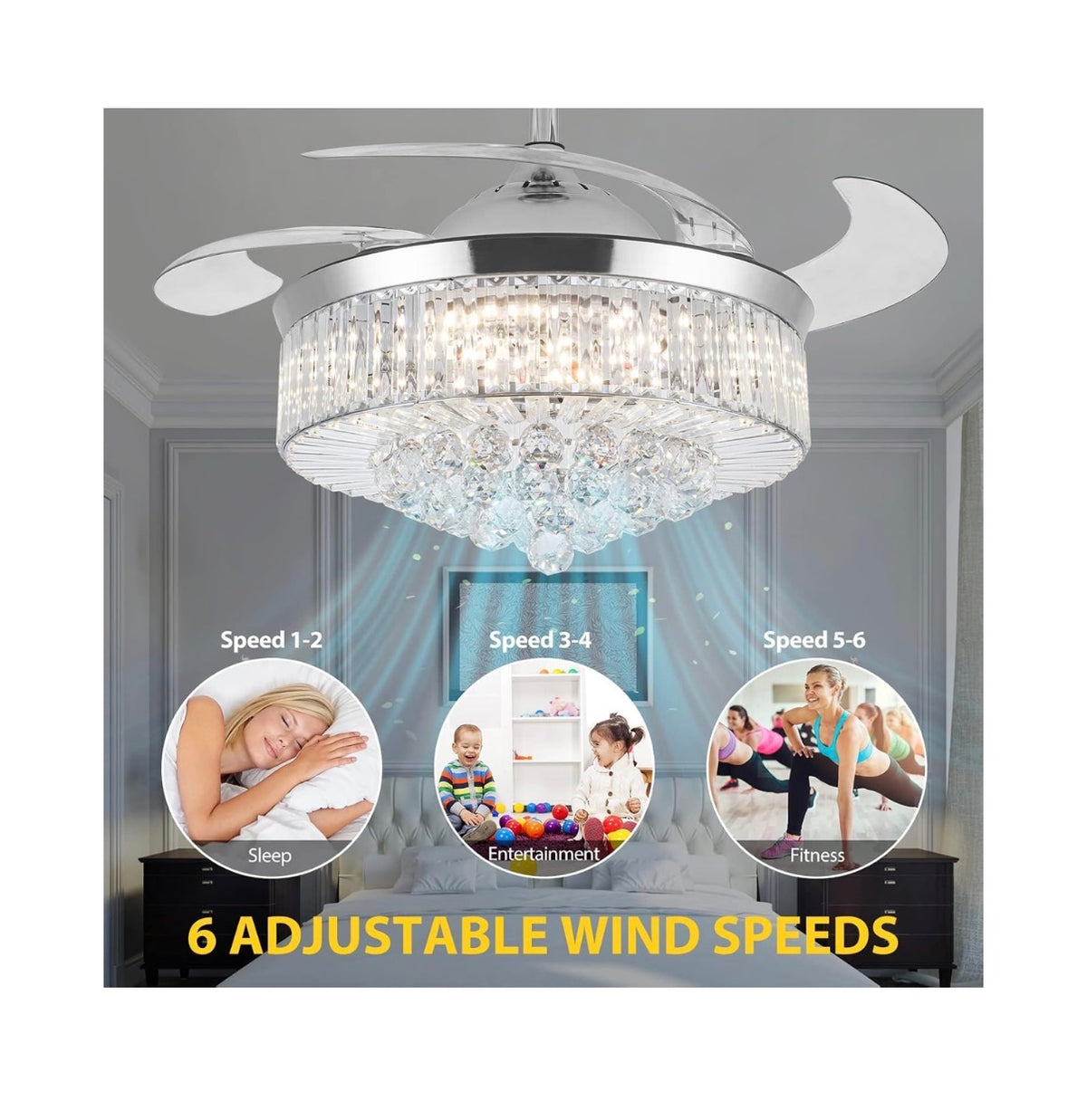 42 Inch Crystal Ceiling Fan with Light, Silvery Chandelier Fan with Remote, 6 Speeds, 3 Colors Changes, 4 Blades Rectangle Ceiling Fan for Bedroom, Living Room, Dining Room (Silver) (New in Box)