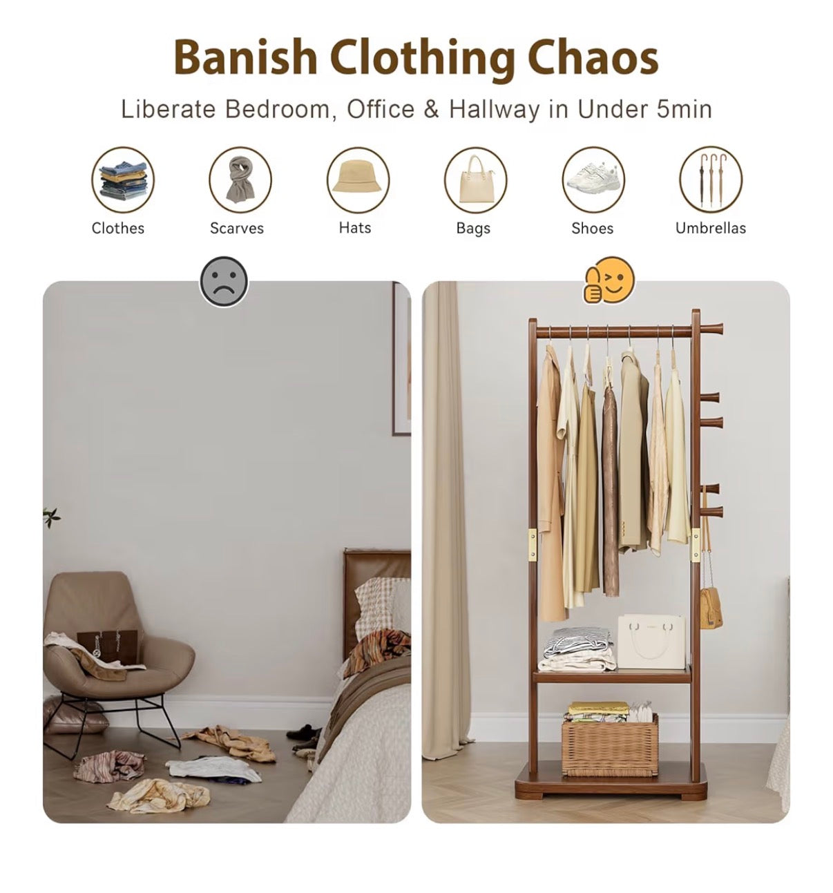 Coat Rack Solid Wood Clothes Rack with Two Shelves & Four Hooks for Hanging Clothes, Garments, and Hats