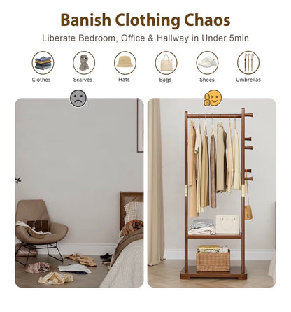 Coat Rack Solid Wood Clothes Rack with Two Shelves & Four Hooks for Hanging Clothes, Garments, and Hats