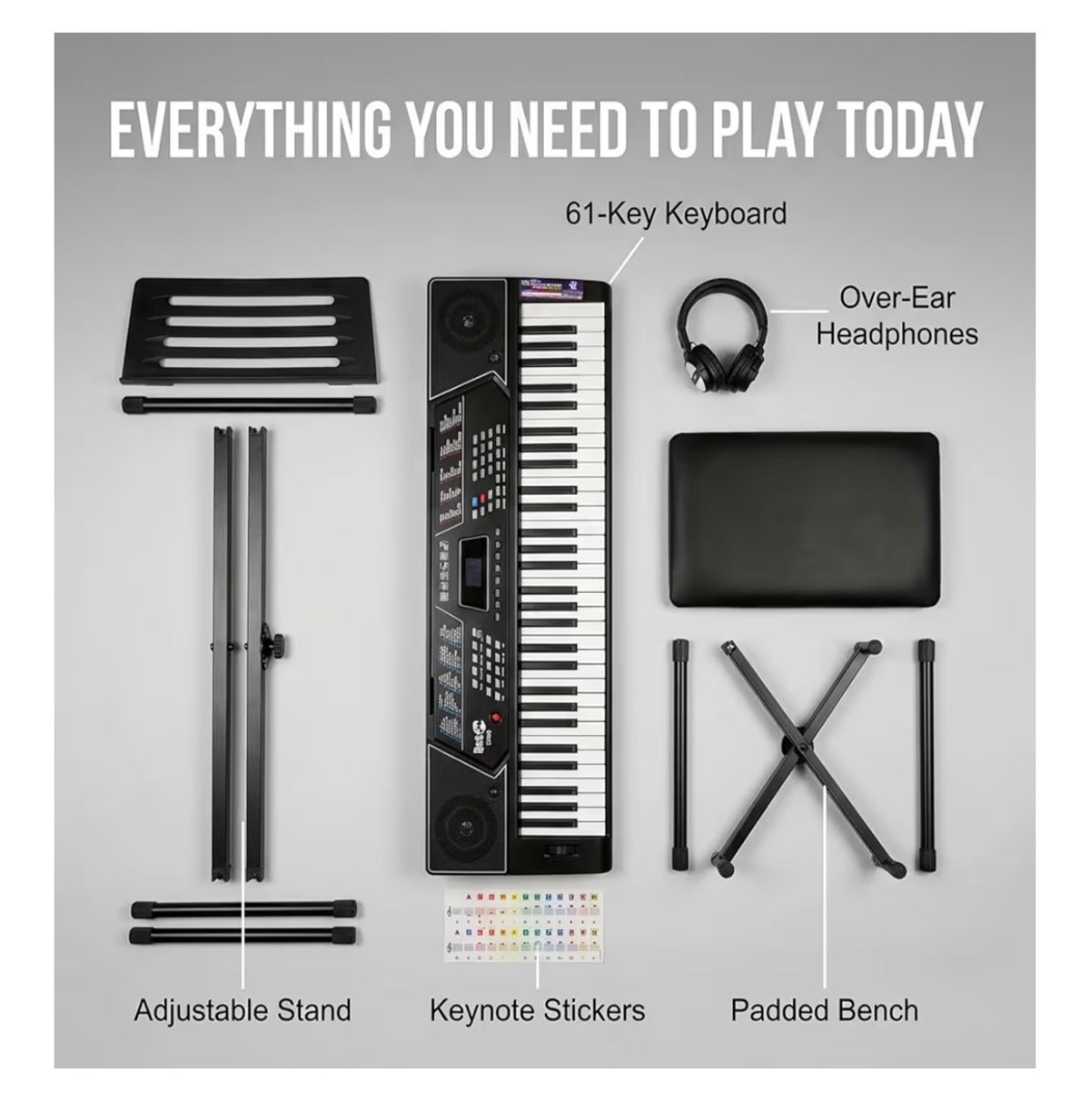 RockJam 61 Key Keyboard Piano Kit with Stand, Bench & Headphones Beginner Electric Keyboard Piano Set with Pitch Bend, LED Panel, Simply Piano Lessons and Note Stickers, All Included (New in Box)