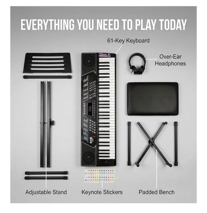 RockJam 61 Key Keyboard Piano Kit with Stand, Bench & Headphones Beginner Electric Keyboard Piano Set with Pitch Bend, LED Panel, Simply Piano Lessons and Note Stickers, All Included (New in Box)
