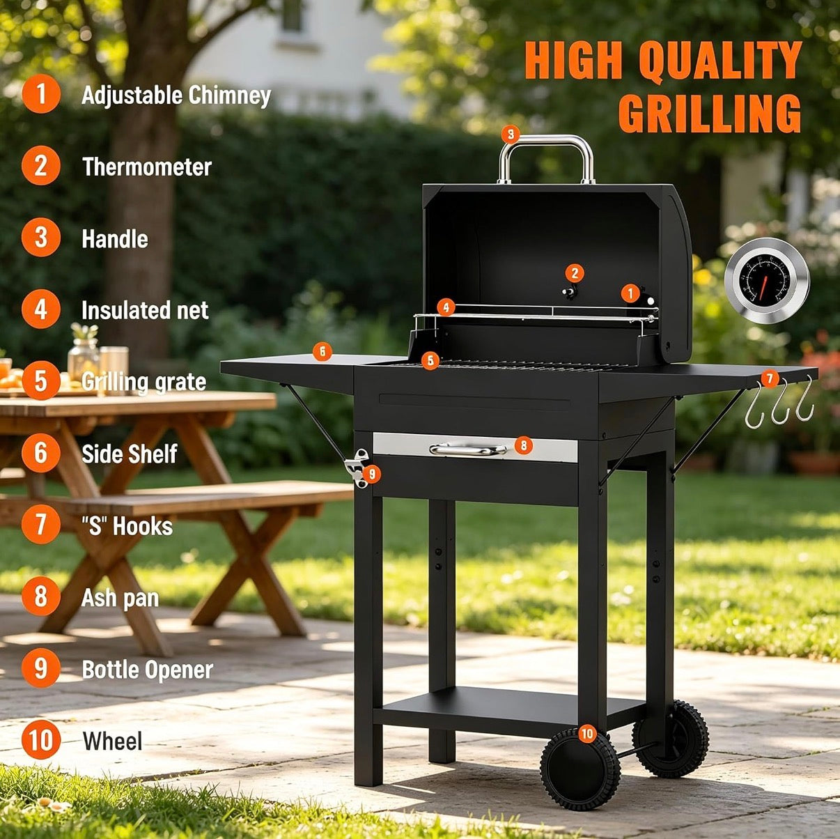 Charcoal BBQ Grill - Black with 2 side tables, charcoal tray, thermometer for backyard outdoor cooking